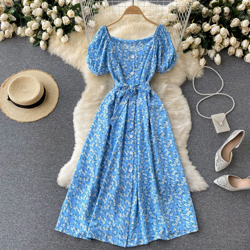 

Croysier Floral Dress Women Summer Square Neck Elegant Midi Dress With Belt Short Puff Sleeve Front Button Vacation Casual Dress