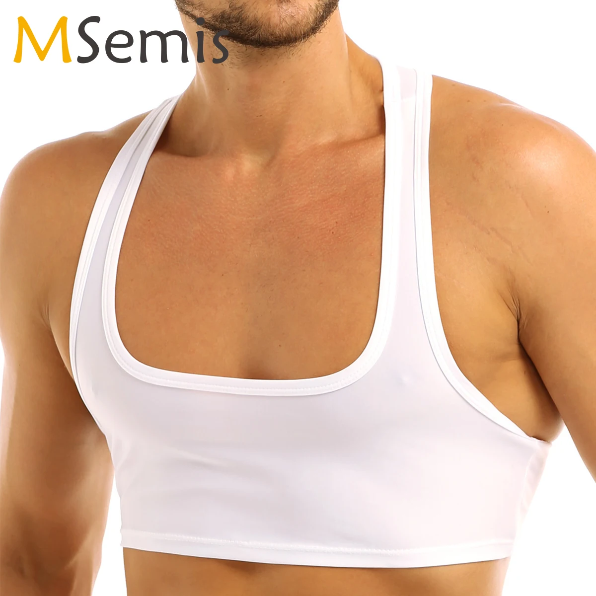 MSemis Mens Sexy Sleeveless Racer Back Muscle Tank Top Workout Gym Sport Crop Top Shirt Clubwear Stage Costume Male Fitness Vest