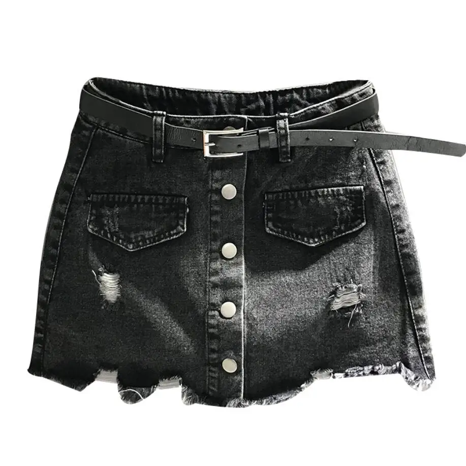 2020 Summer Black Gray denim skirt women fashion single breasted high waist holes short a-line skirt Anti-light r89