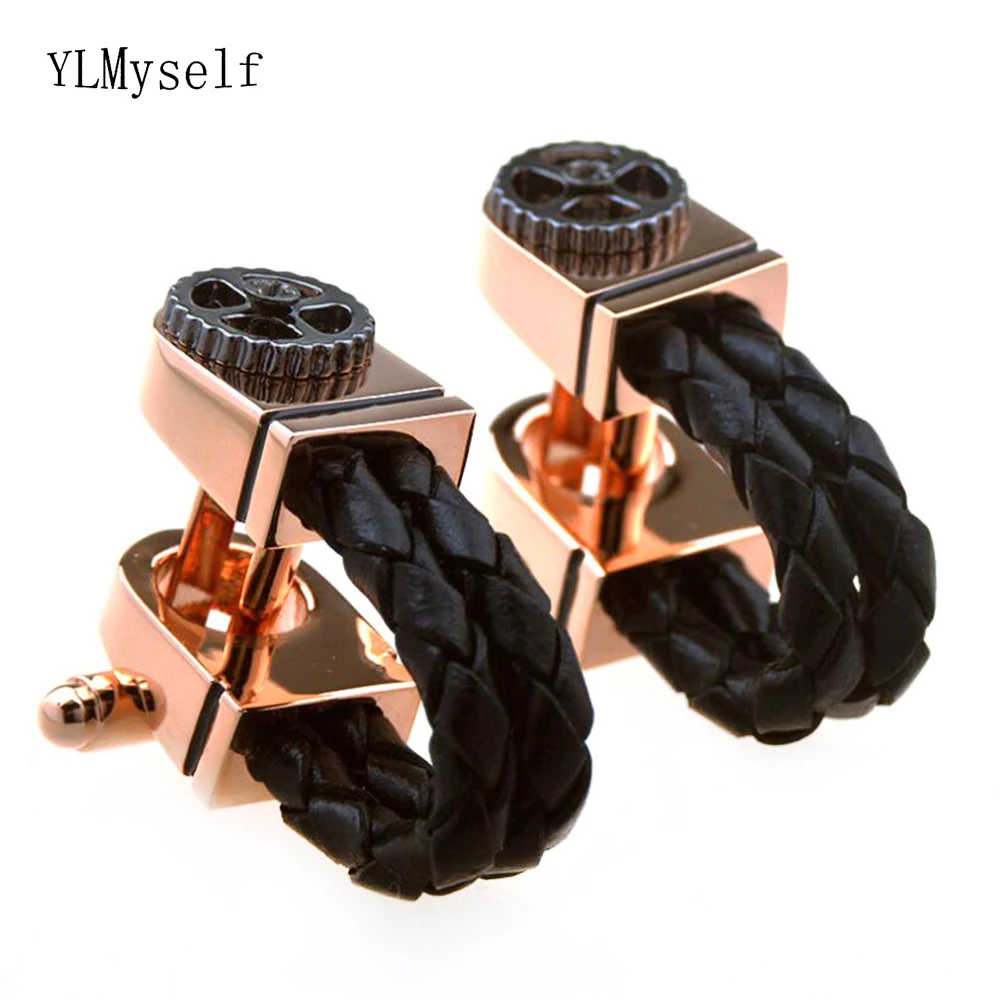 2prs/Lot Rose+Black 2 Tone plating cufflinks for man Fashion Men's cuff buttons Black Leather gearwheel design cuff link