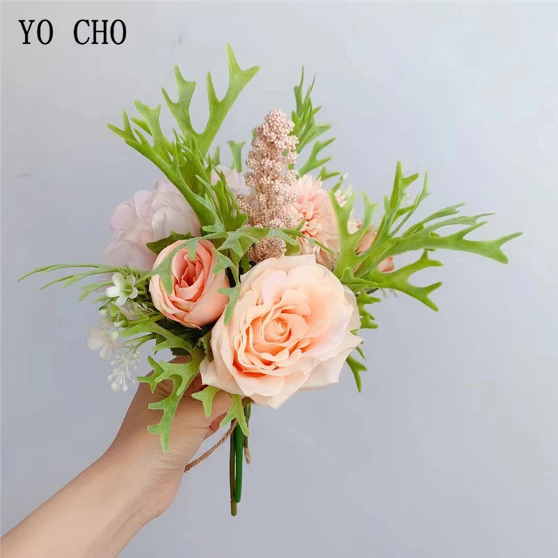 YO CHO-flores artificiales de champán, peonía de seda, rosa, ramo de novia, decoración del hogar, boda, álbum de recortes, bricolaje, ramo Flore de tela