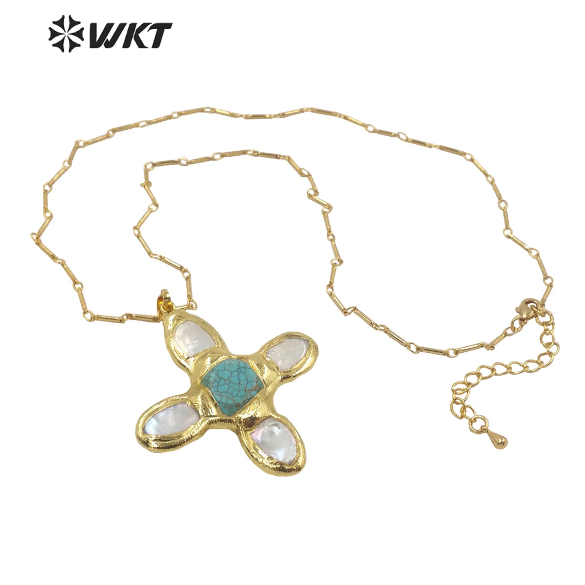 WT-JN169 WKT Special Cross Shaped Necklace Natural Freshwater Pearl Mix And Match Turquoises Pendant women Jewelry Birthday Gift