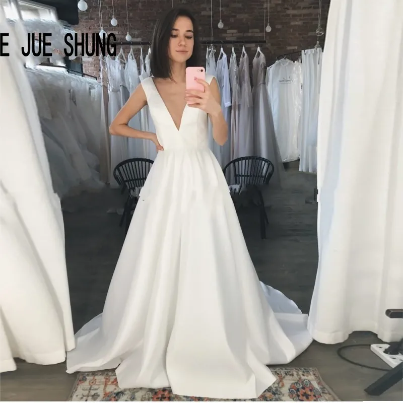 

E JUE SHUNG Sexy Deep V Long Wedding Dress Sleeveless Backless Simple A Line Satin Boho Bridal Dress Vestido de Novia