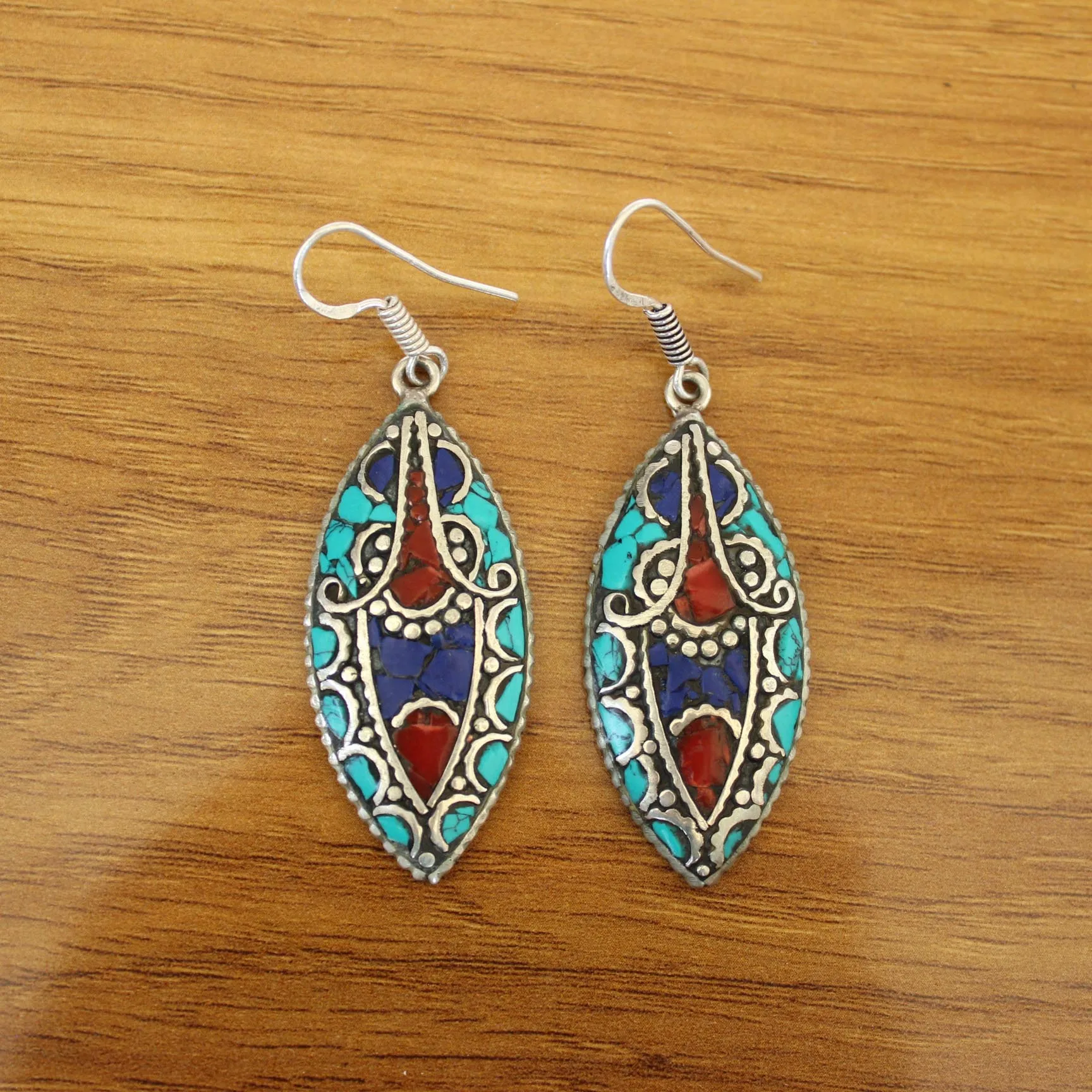 ER191 Nepal Jewelry Ethnic Oval Lapis Turquoises Colorful Stone Leaf Fashion Dangle Earring For Women