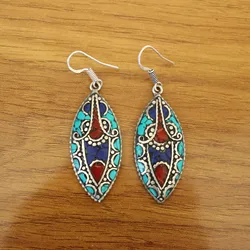 ER191 Nepal Jewelry Ethnic Oval Lapis Turquoises Colorful Stone Leaf Fashion Dangle Earring For Women