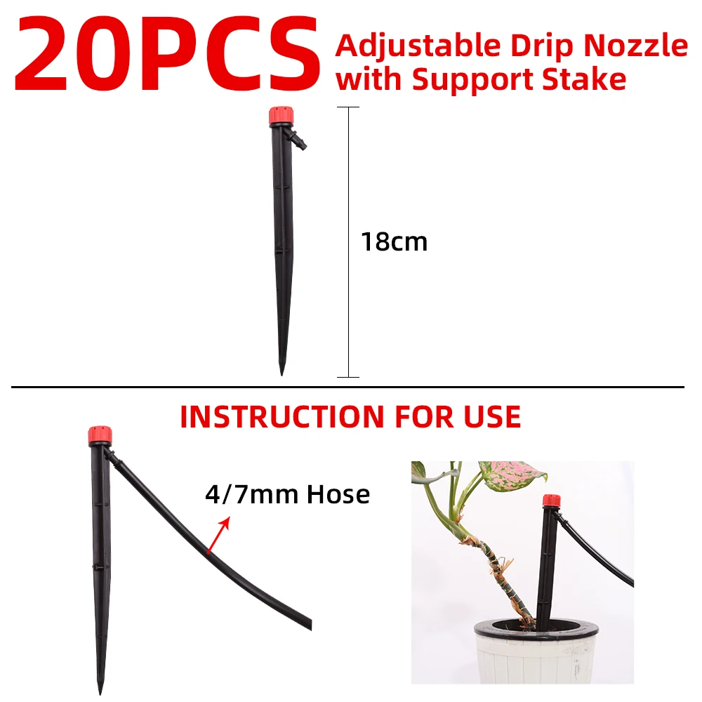 

20PCS 3/4" Garden Accessories Support Stake Watering Hose Connection WithAdjustable Drip Nozzle with Support Stake