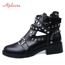 Aphixta Rivets Black Ankle Women Boots Faux Leather Booties Metal Buckle Straps Square Heel Studded Woman Boots Motorcycle Shoes