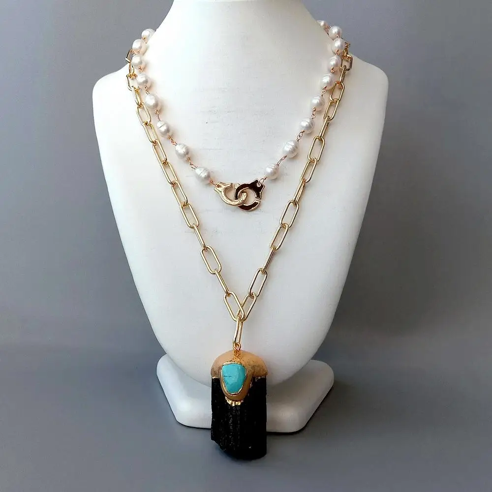 YYGEM Freshwater White Rice Freshwater Pearl Gold Filled Chain Natural Black Tourmaline Rough Pendant Necklace 18" #2