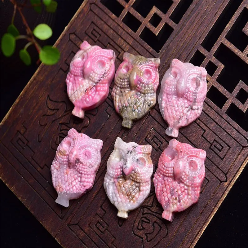 Natural Rhodonite Crystal Carved Craft Owl Healing Stone Figurine Reiki Mini Animal Art Decorative Gift