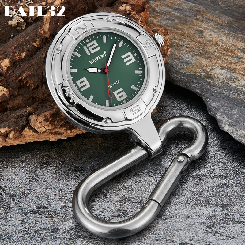 Reloj de bolsillo Vintage para hombre, caja plateada de cuarzo, Fob, bolso, mochila, colgante, mosquetón, gancho, Clip, clásico