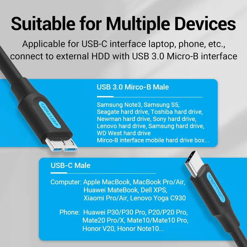 Vention kabel USB C do Micro B 3.0 3A szybki przewód do synchronizacji danych dla MacBook dysk twardy dysk twardy dysk SSD USB typ C kabel Micro B