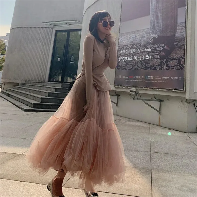 Vintage Pink Pleated Long Tulle Skirt Tutu Femme High Waisted Runway Soft Mesh Skirts Korean Women 2021 Spring New Jupe harajuku