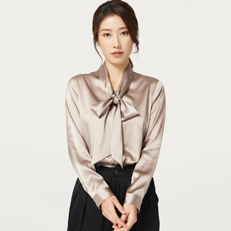 

Birdsky, 1PC Women long sleeve shirts blouse shirt Top office lady bow collar 93% mulberry silk 7% spandex 8 colors. S-252