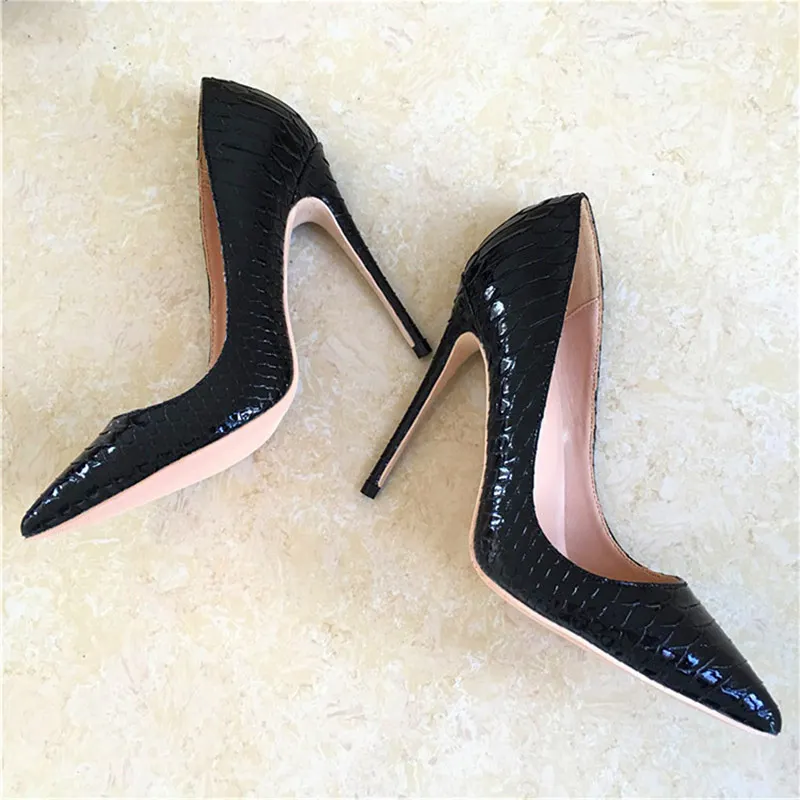 Tikicup Black Croc-Effect Women Sexy Evening Party High Heels Slip On Pointed Toe Fashion Pumps Ladies Designer Shoes Plus Size