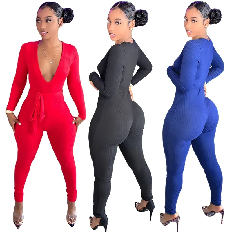 

Fashion sexy pit strip solid color jumpsuit New style long-sleeved trousers knitted jumpsuit for autumn and winter