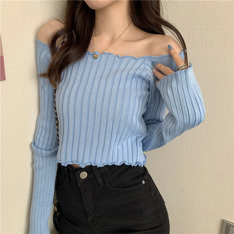 Autumn Slim Pullovers Sweaters Women knitted Full Sleeve Slash Neck Off-the-Shoulder Chic Pullover Sweater Female Real Photos