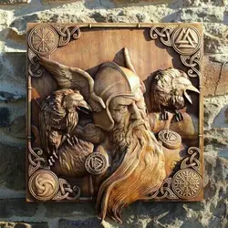 Mythology Wood Statue Wall Pendent Sculptures Norse Thor Pagan Gods Carving Craft Wall Hanging Decoration Home Living Room