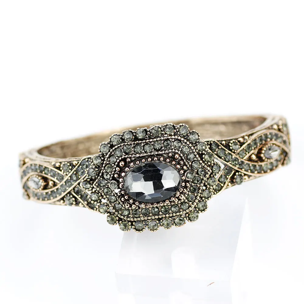 Bohemia Gray Crystal Vintage Bangle for Women Ethnic Wedding Jewelry Turkish Rhinestone Cuff Bracelet Bridal Gift