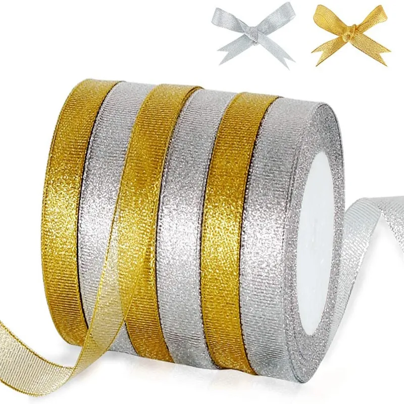 25yards Gold/Silver Organza Ribbon tapes DIY Handicraft accessories For bow making Wedding Supplies Cake Gifts Decoration 6-50mm