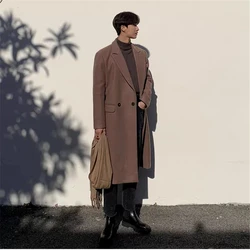 Korean Style Thick Winter Woolen Overcoat 2021 New Singal Button Men's Loose Warm Long-Length Trench Coat Male Jacket