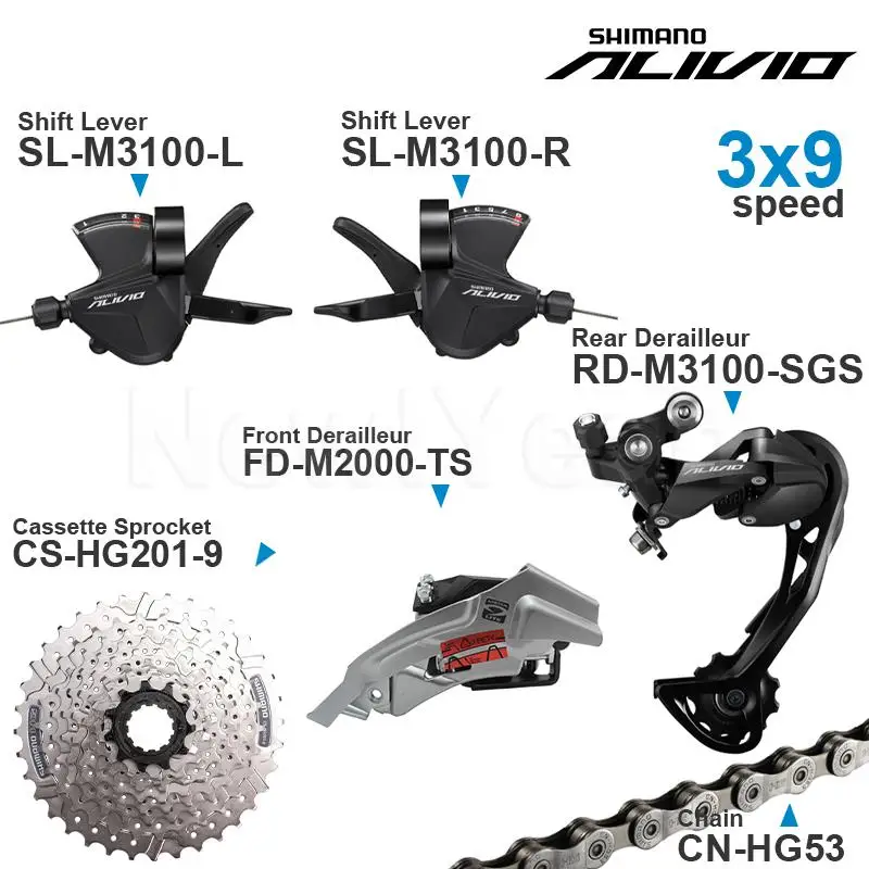 مجموعة شيمانو أليفيو M3100 3x9 فولت مع محوّل سرعة 3x9 خلفي و M2000 أمامي DERAILLEUR HG200 كاسيت ضرس سلاسل الترس