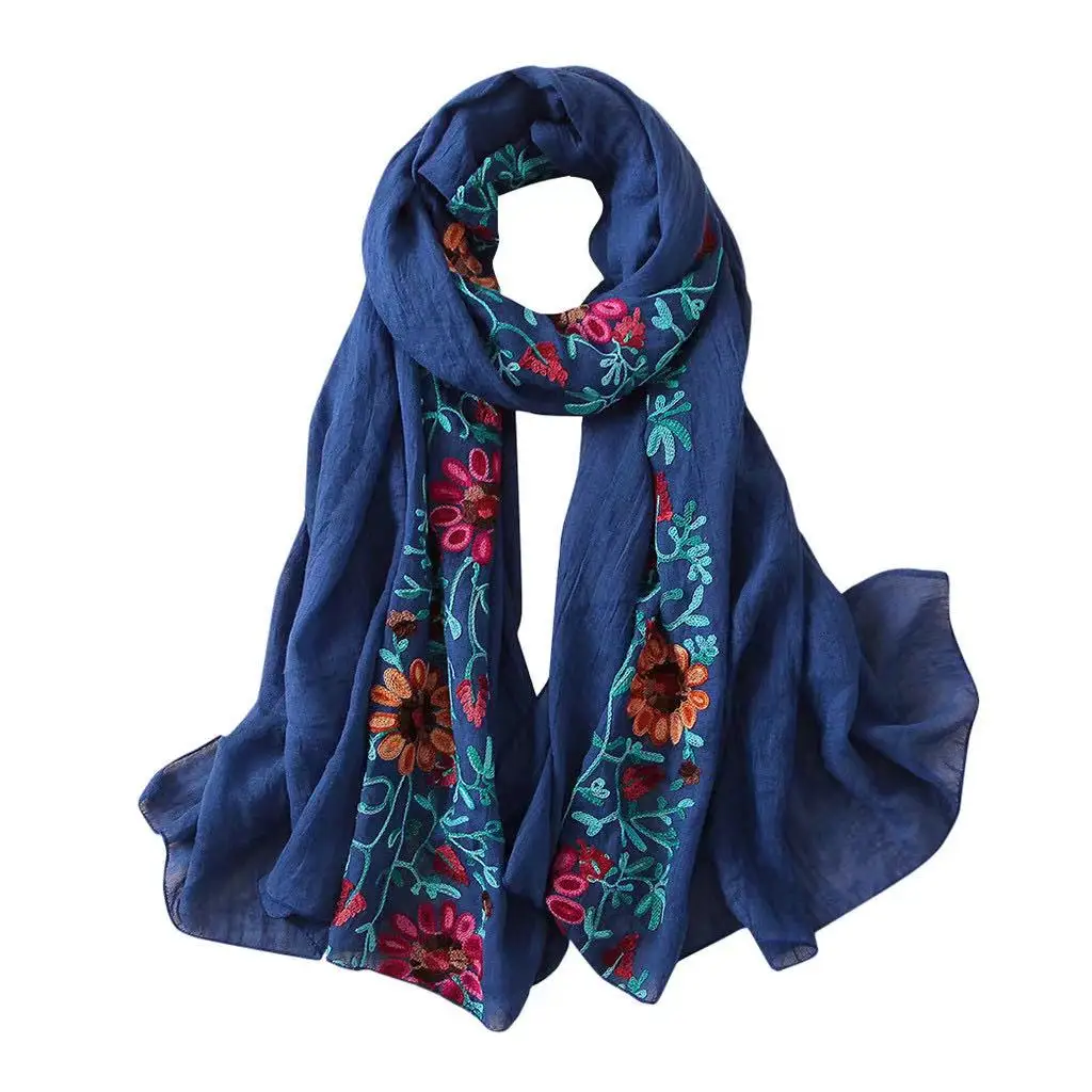 2022 Winter Embroidered Floral Viscose Scarf Shawl From Indian Bandana Print Cotton Scarves and Wraps Foulard Sjaal Muslim