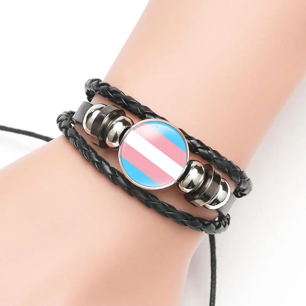 LGBT Gay Pride Leather Bracelet For Women Men Rainbow Glass Cabochon charm Bangle Wristband Fashion Jewelry Gift