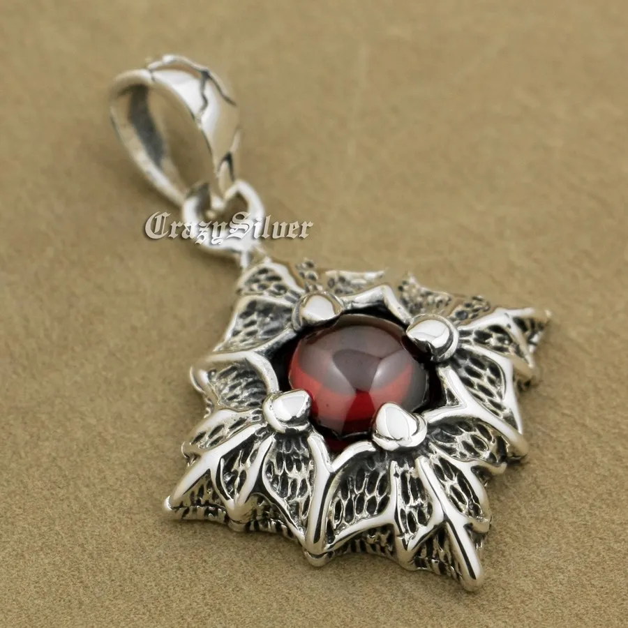 925 Sterling Silver Prismatic Claw Red CZ Stone Pendant Mens Biker Punk Pendant 9S004