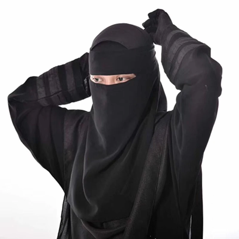 H211 Tessuto chiffon monostrato niqab cravatta posteriore copertura viso sciarpa hijab musulmana foulard solo berretto turbante di colore nero cofano