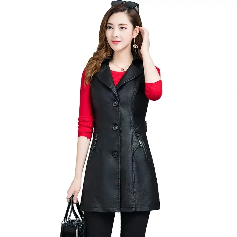 Veste en cuir PU noir pour femme, gilet long, cardigan en fibre trempée, manteau d\'extérieur en émail noir, 2021