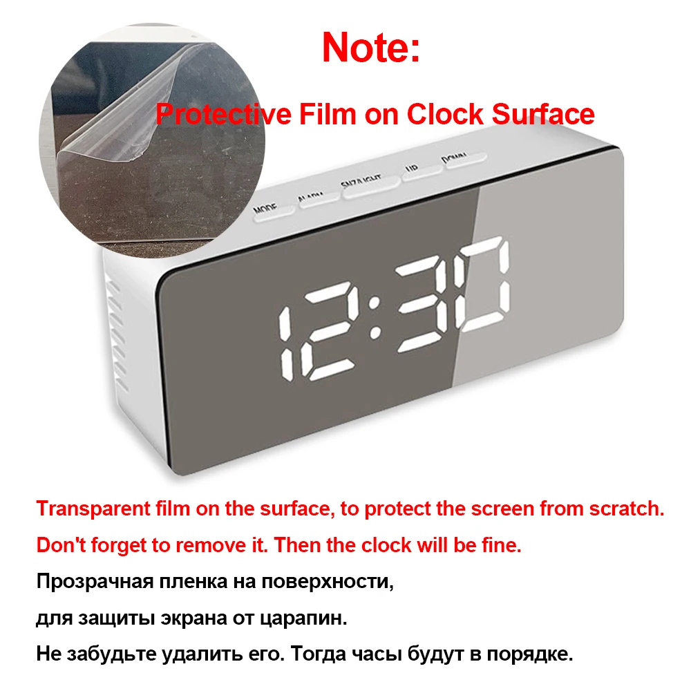 Table Clock Alarm Clock Snooze LED Digital Mirror Clock Time Temperature Large Electronic Display Rectangle Digital Desk Clock