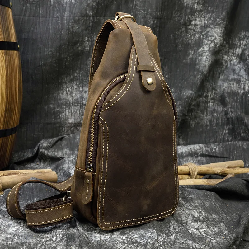 Men's Crazy Horse Leather Sling Backpack Chest Bag Small Casual Travel Bag Vintage Cow Leather Crossbody Bag Cowhide Rucksack