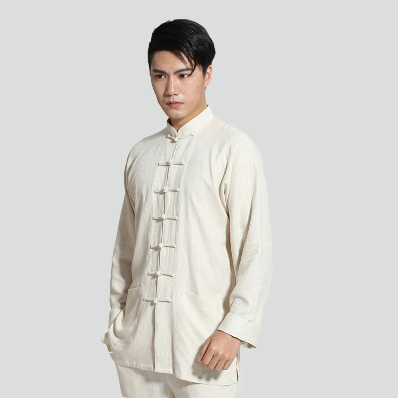 

Chinese Men's Solid Cotton Linen Kung Fu Suit Long Sleeve Wu Shu Tai Chi Sets Thin Buddhist beige Clothes New Arrival