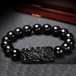 Obsidian Pixiu Bracelet Buddhist Prayer Blessing Bangle Natural Stone Beads Wristband Feng Shui  Health Wealth Protection