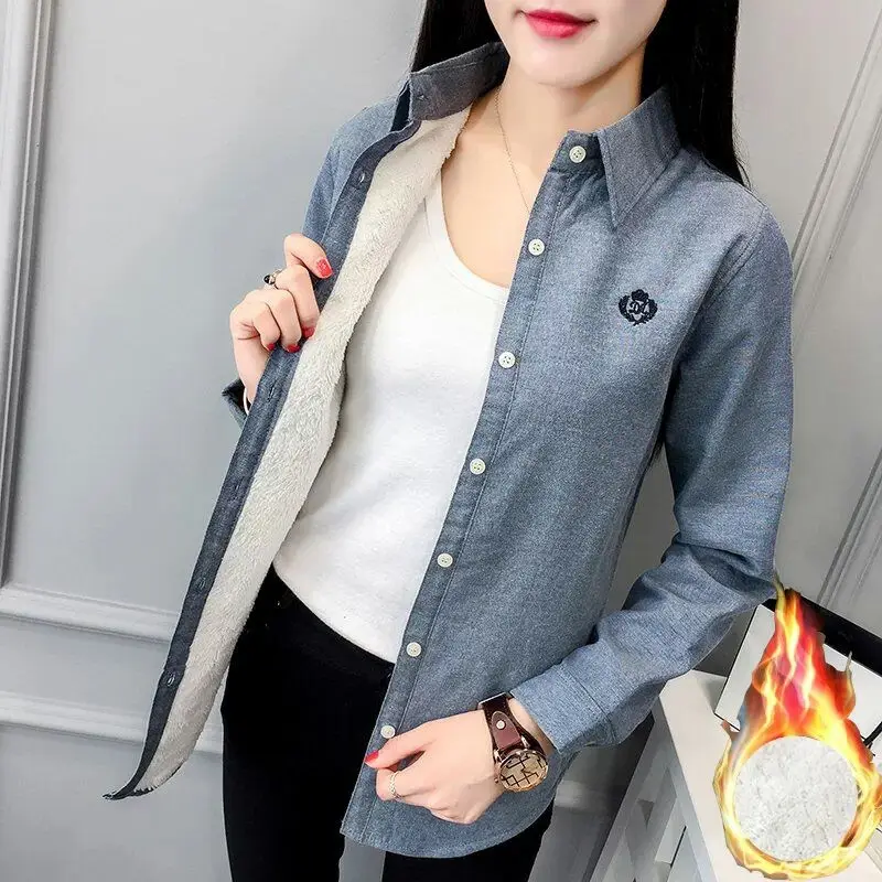 2024 Winter Velvet Thick Warm Women\'s Shirt Solid Female Long Sleeve Tops Winter Fleece Casual Check Blouse Autumn Clothes XXXL