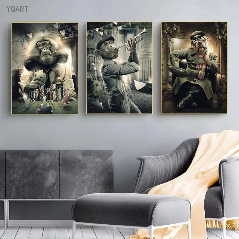 

YQART Warlord Smoking Bulldog Canvas Paintings on The Wall Art Interesting Animals Printing Pictures for Home Living Room Decor