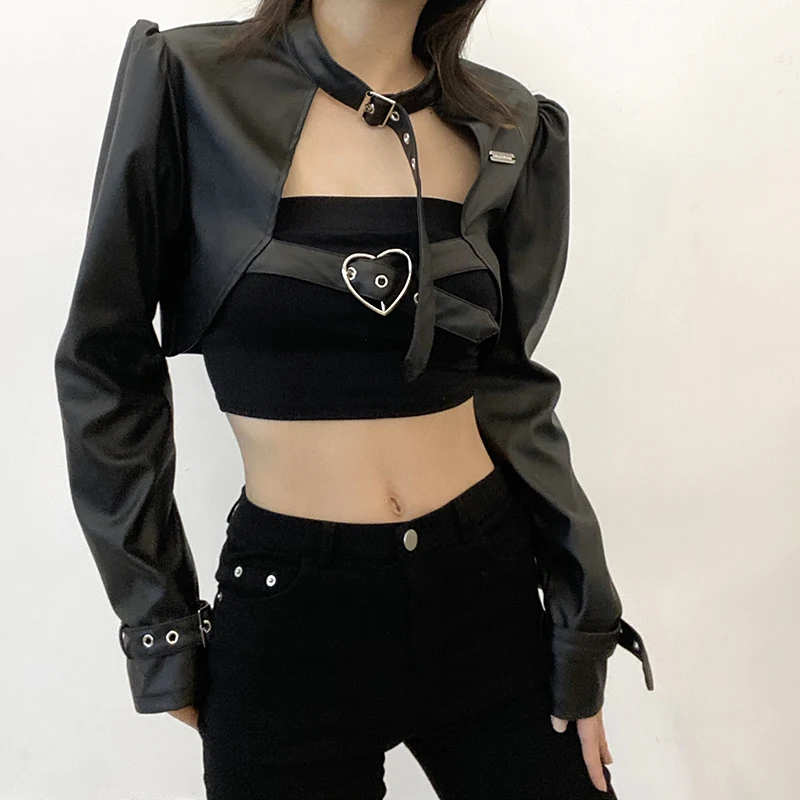 Rockmore PU Leather Jacket Women Punk Style Streetwear Black Metal Buckle Coats Gothic Overcoat Crop Top Hippie Outfits Techwear