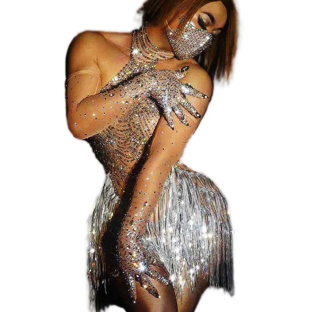 

Sparkly Inlaid Rhinestone Fringed Jumpsuit Ladies Latin Dance Costume Nightclub Costumes Perspective Mesh Net Dance Wear