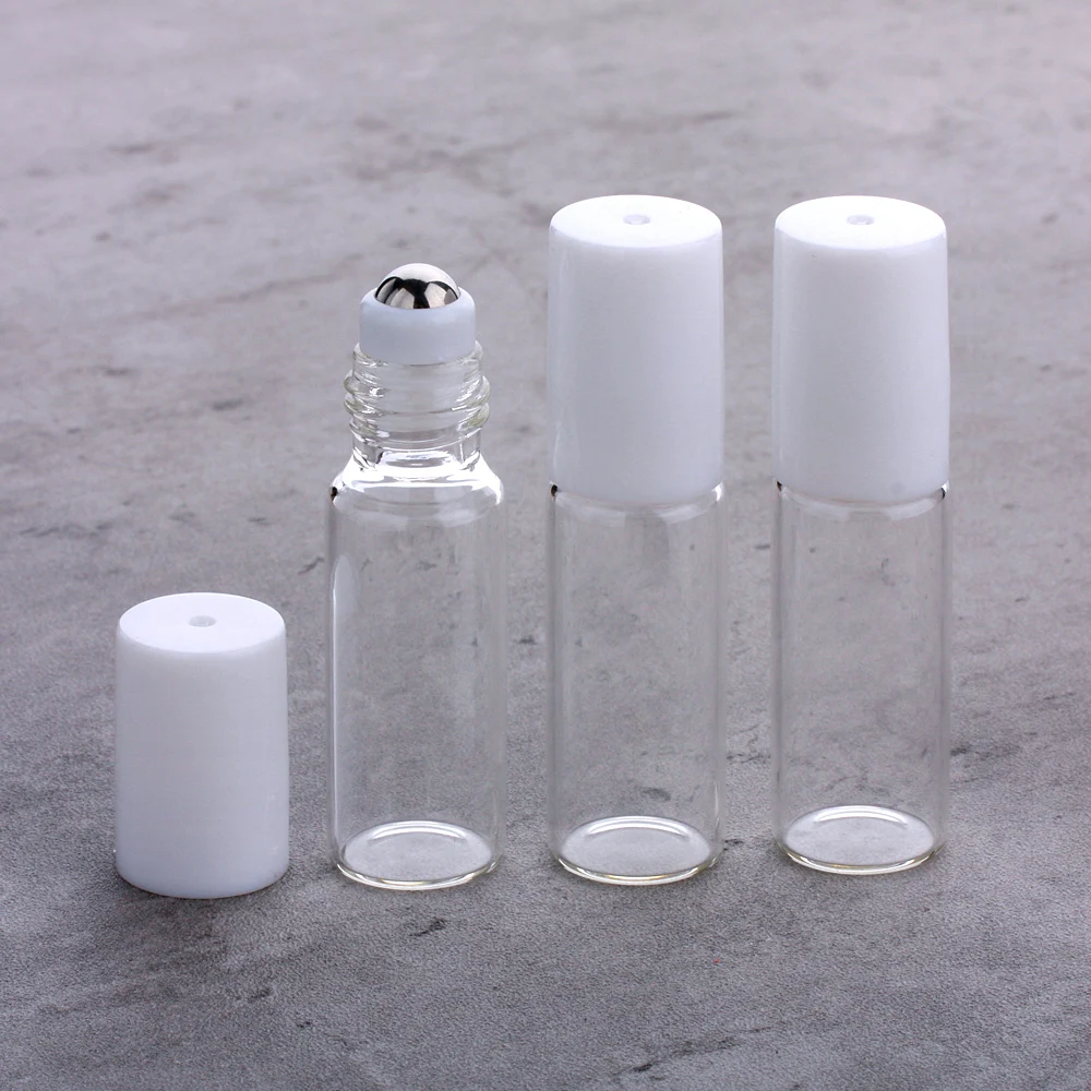 100Pcs/Lot 5ml Transparent Glass Bottle Essential Oil Bottle Roll-on Bottles Plastic Lid Mini Refillable Perfume Vials
