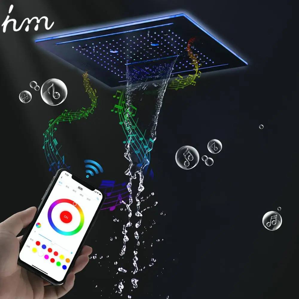 

hm Concealed Music Shower Head Remote Control Colors LED Light 16Inch Square Ceilling Waterfall Rainfall Faucets System