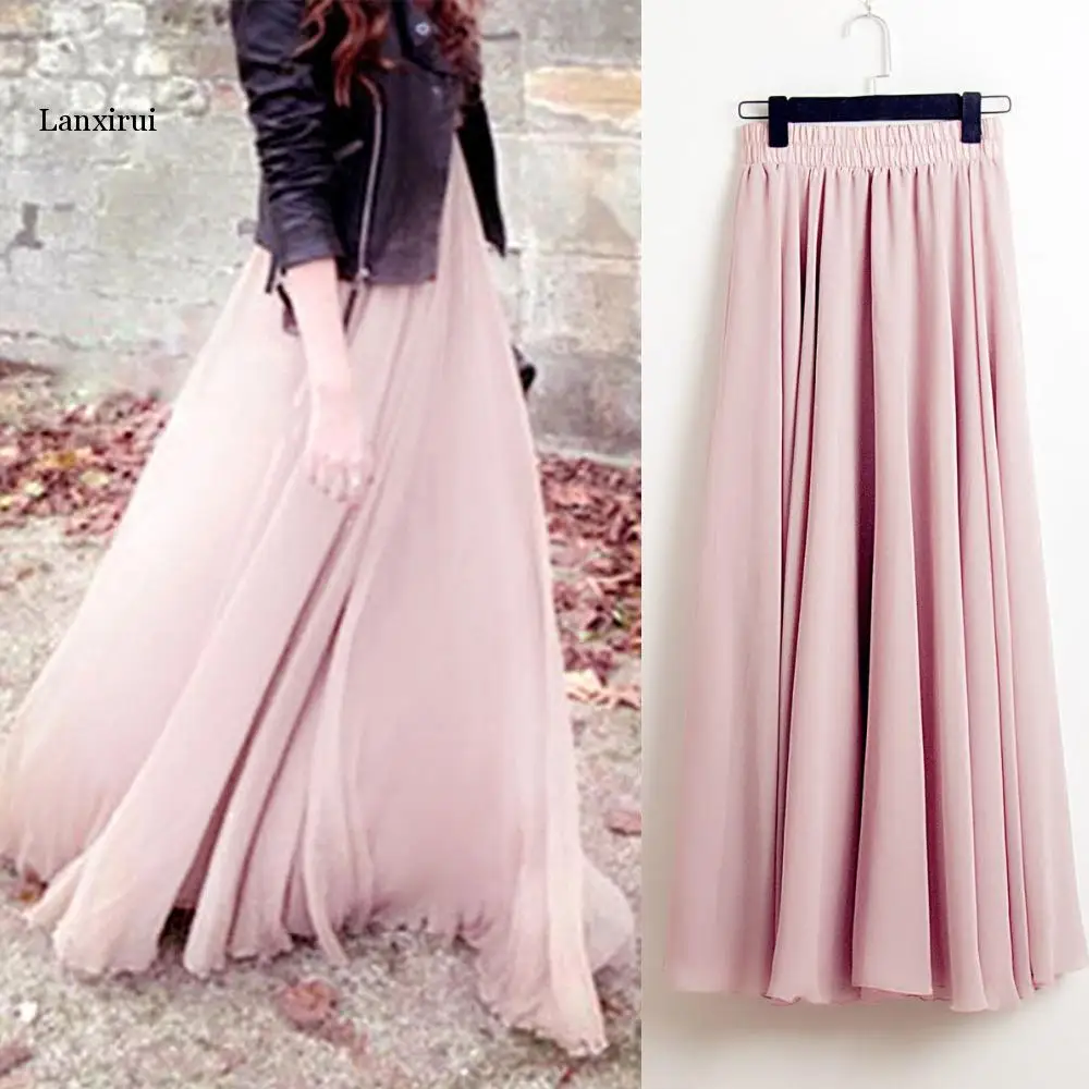 

Bohemia Long Skirts Women Stretch High Waist Solid Chiffon A-Line Skirt Casual Pleated Maxi Skirt Faldas Saias Streetwear