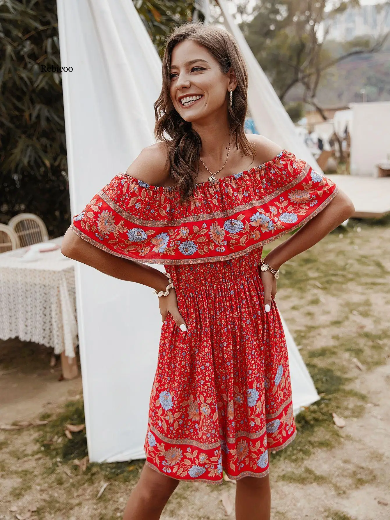 Robe Boho décontractée à manches courtes pour femmes, tenue de soirée, épaules dénudées, Sexy, été