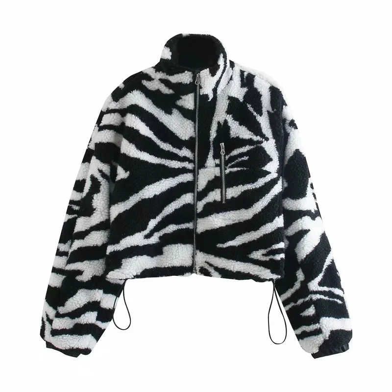 Manteau en laine d'agneau à manches longues, fermeture éclair, en peluche, veste courte chaude, col montant, zèbre, Streetwear, Vintage, hiver