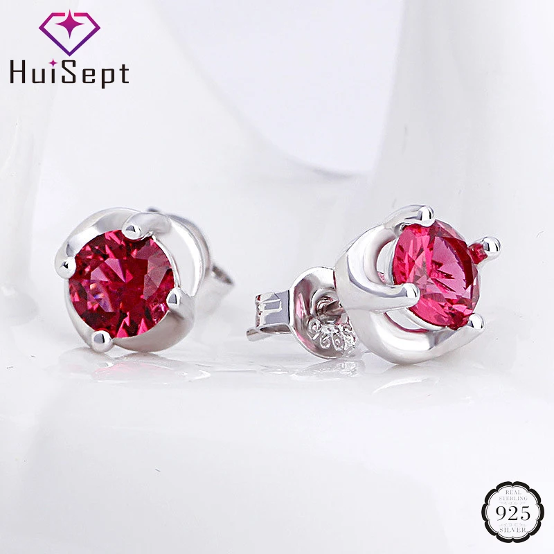 

HuiSept Trendy Women Earrings 925 Silver Jewelry Round Shaped Ruby Gemstone Stud Earrings Ornaments for Wedding Party Wholesale