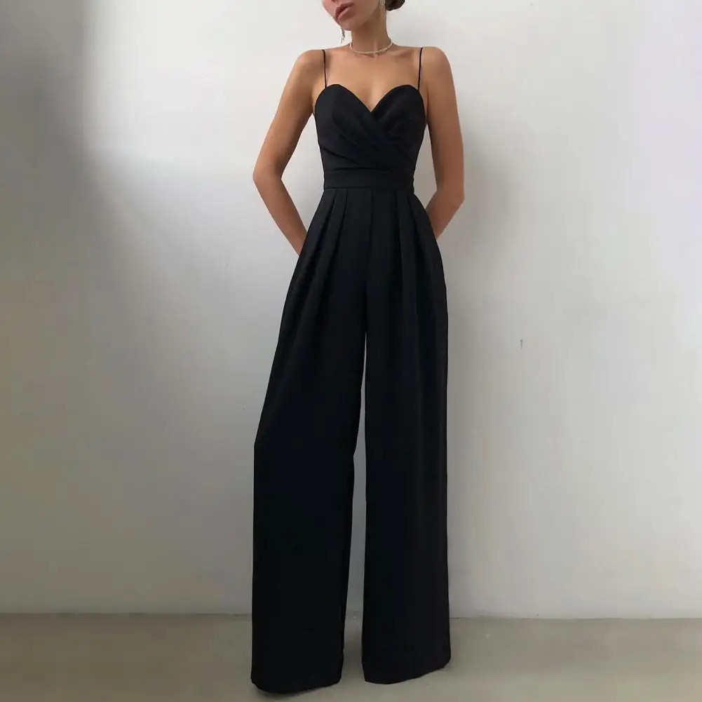 Ladies Jumpsuits Wide Leg High Waist Elegant Deep V Neck Cross Collar Pleated Backless Sling Sleeveless Mopping Long Jumpsuit