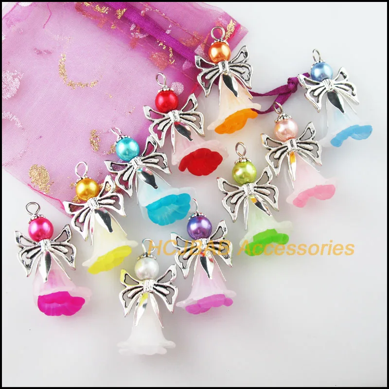 10 New Mixed Acrylic Angel Charms Tibetan Silver Plated Double-deck Flower Pendants 20x41mm