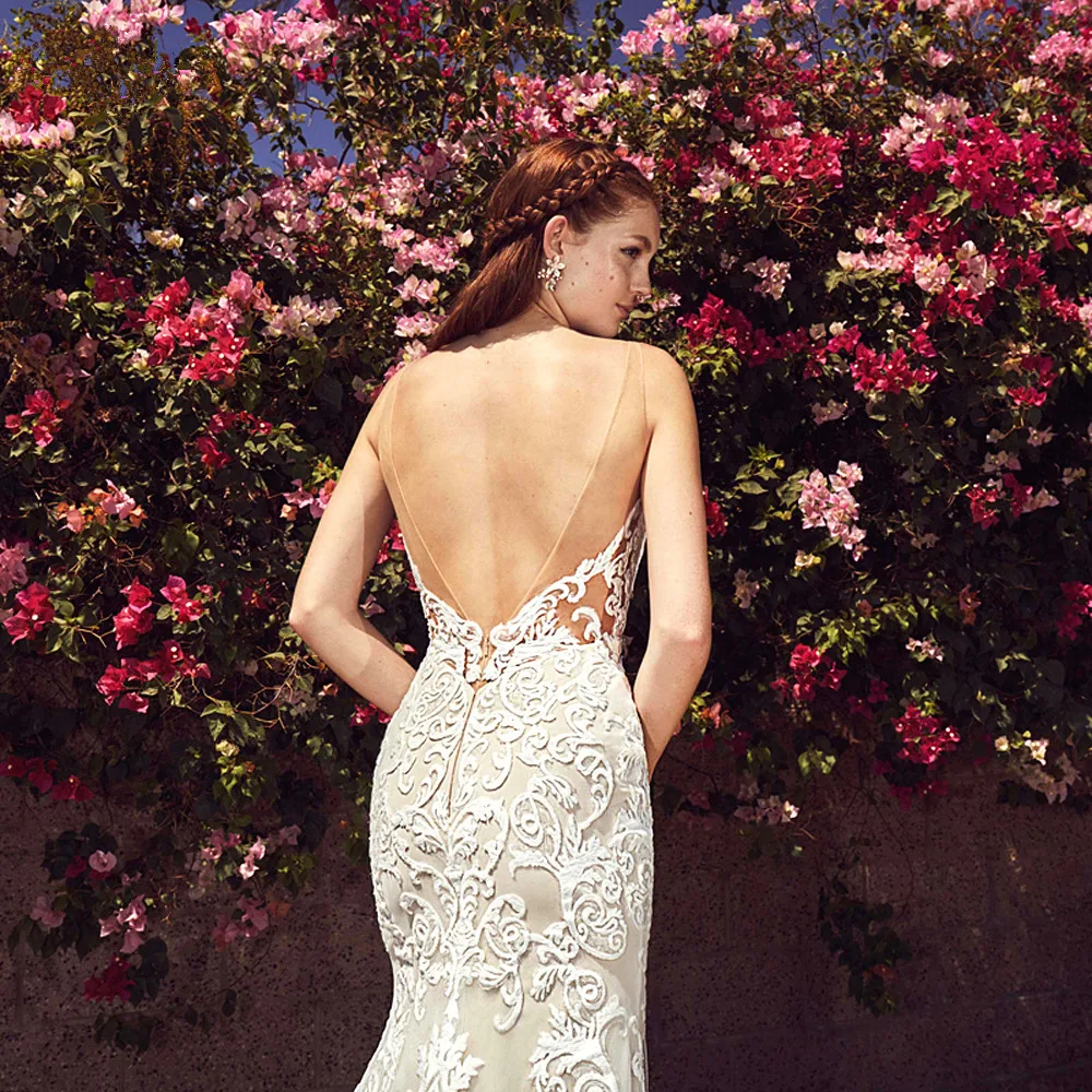 Elegante Backless Lace Sereia Vestidos De Noiva, Apliques de trem longo, Vestido de noiva sem mangas, Querida