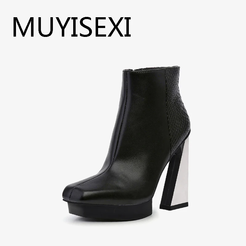 11.5cm super high heels nightclub platform square toe side zipper modern fashion girl vintage design ankle boots HL326 MUYISEXI