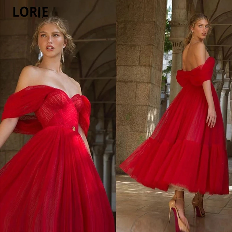 

LORIE Sexy Red Off the Shoulder Evening Dresses 2021 Ankle Length A Line With Sleeves Lady Tulle Formal Party Gowns