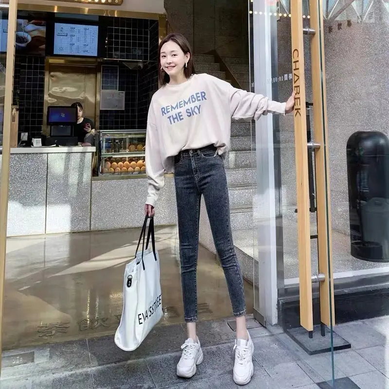 Blue-gray elastic high waist jeans women's skinny feet pants new nine-point tight pencil pants